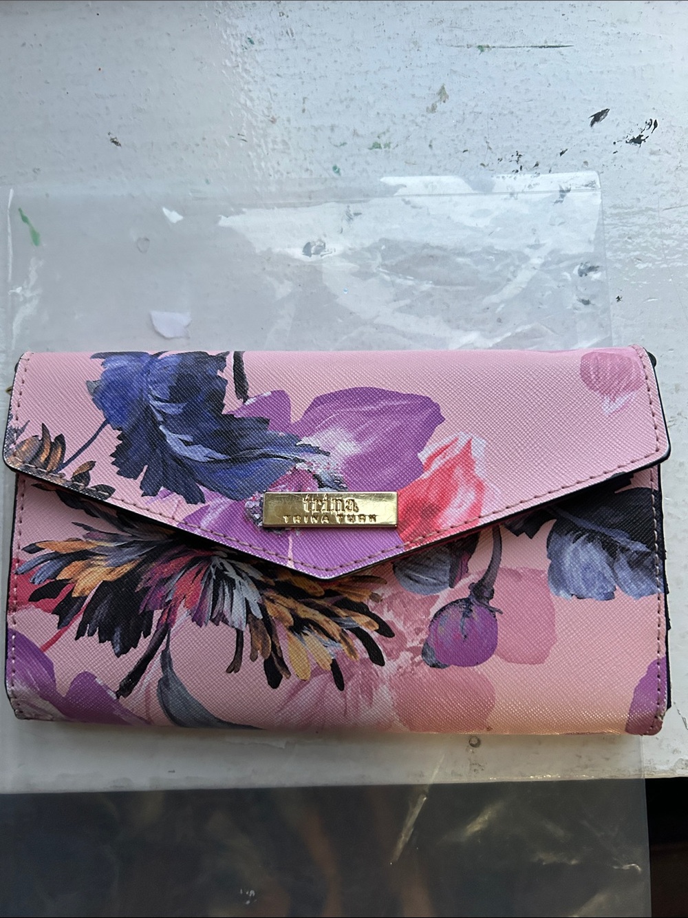 Trina Turk Floral Pink Crossbody Bag with Gold Chain